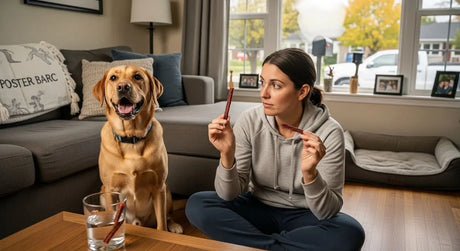 Dog owner comparing bully sticks while happy Labrador watches, with bully stick soaking in water glass to demonstrate digestibility in living room