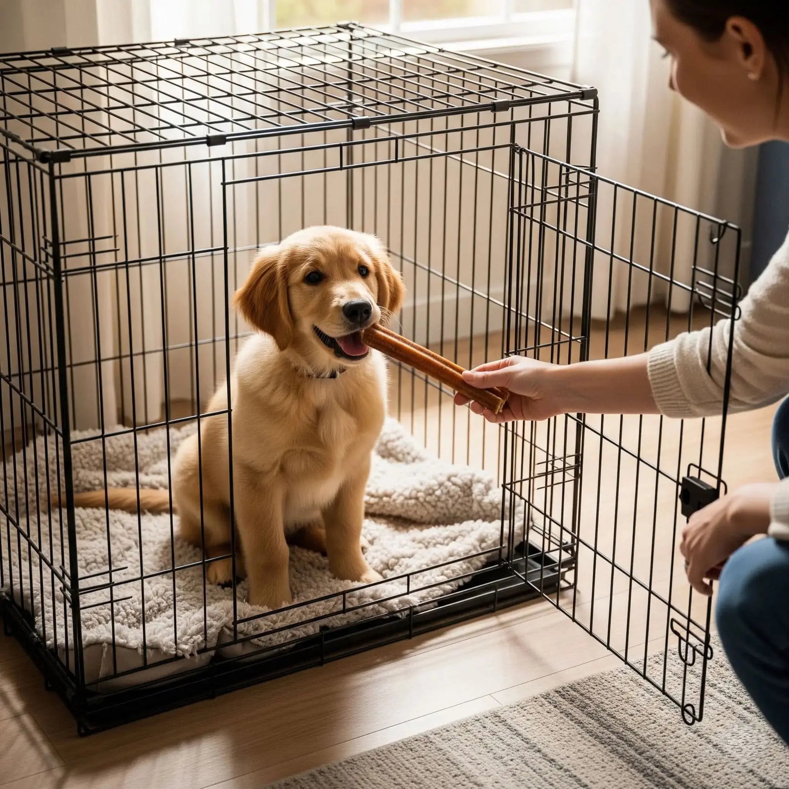 Golden Retriever puppy sitting happily in wire crate while owner offers bully stick treat for positive crate training