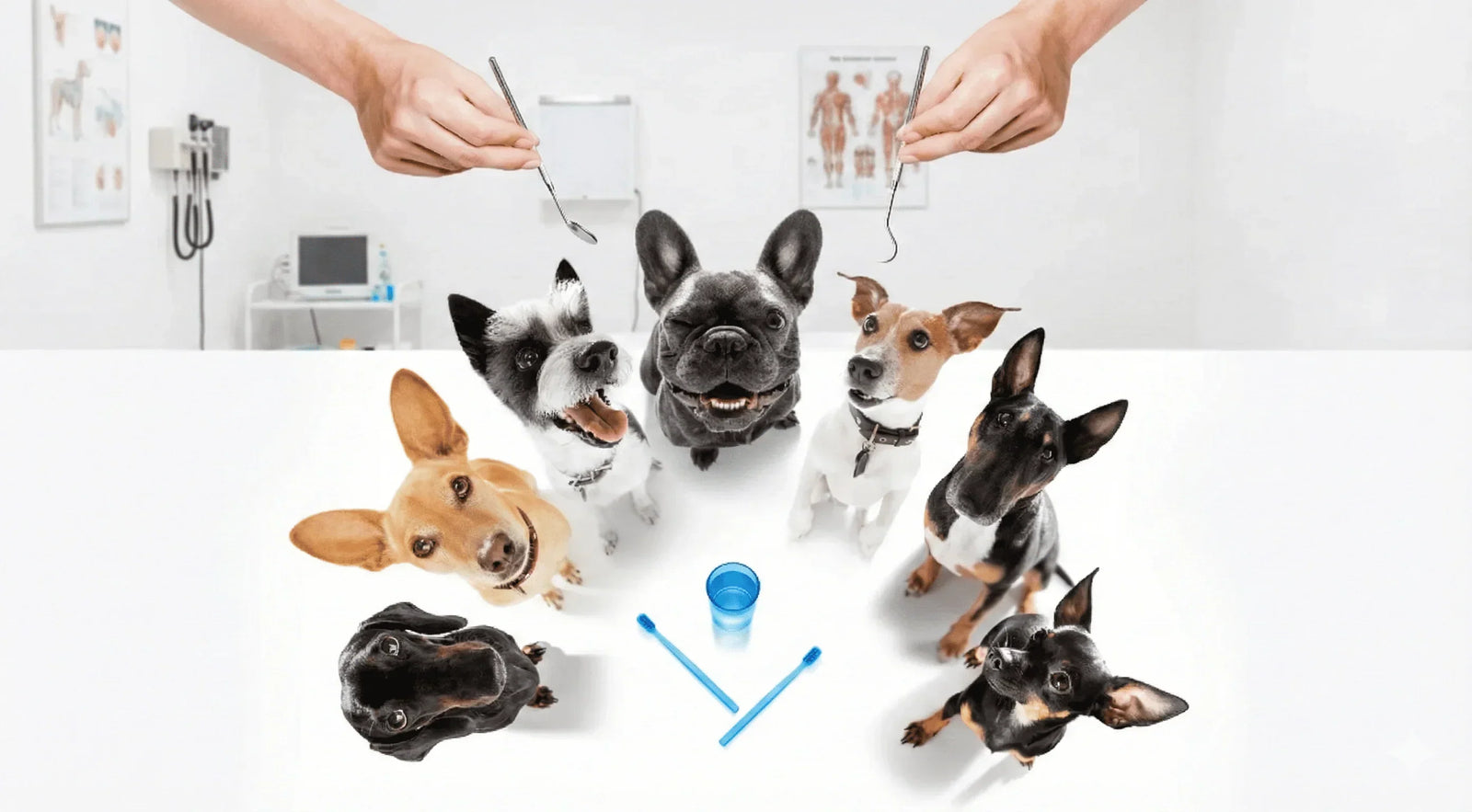 Group of dogs looking up at dental tools and toothbrushes - pet dental health awareness