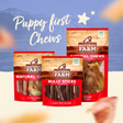 Natural Farm puppy first chews collection featuring beef tendon, pixie bully sticks, and pig ears in eco-friendly packaging