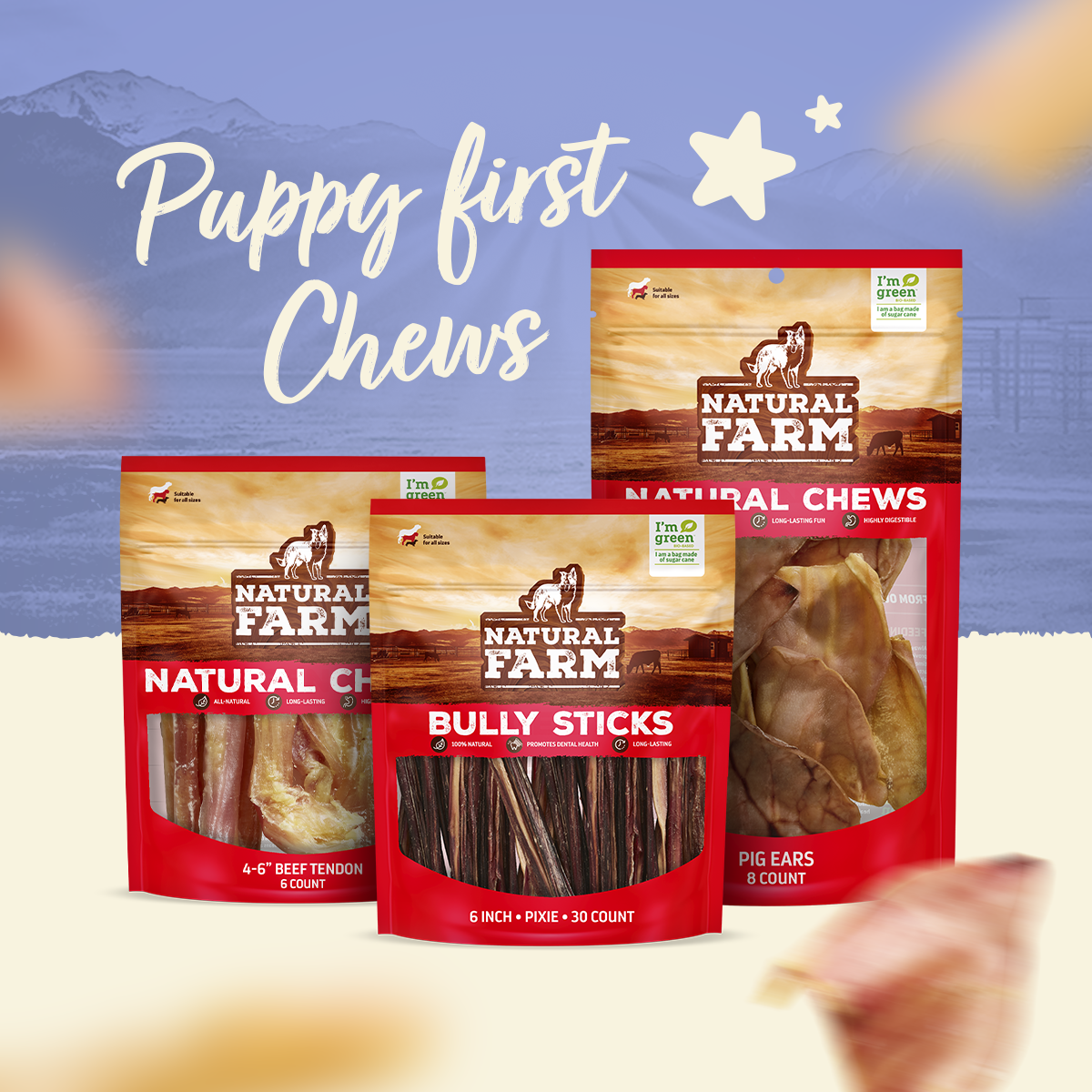 Natural Farm puppy first chews collection featuring beef tendon, pixie bully sticks, and pig ears in eco-friendly packaging
