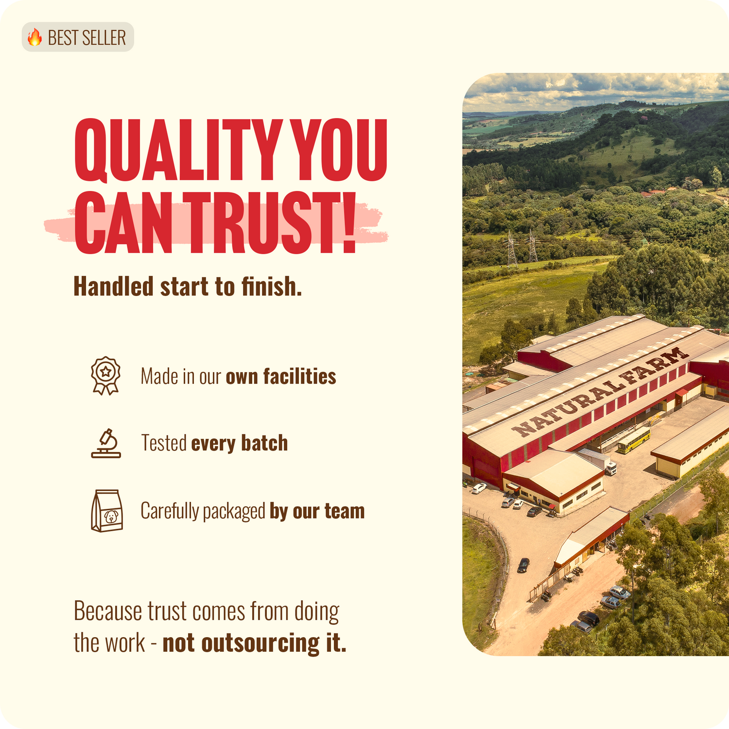 Natural Farm production facility aerial view - made in own facilities, tested every batch, hand-packaged