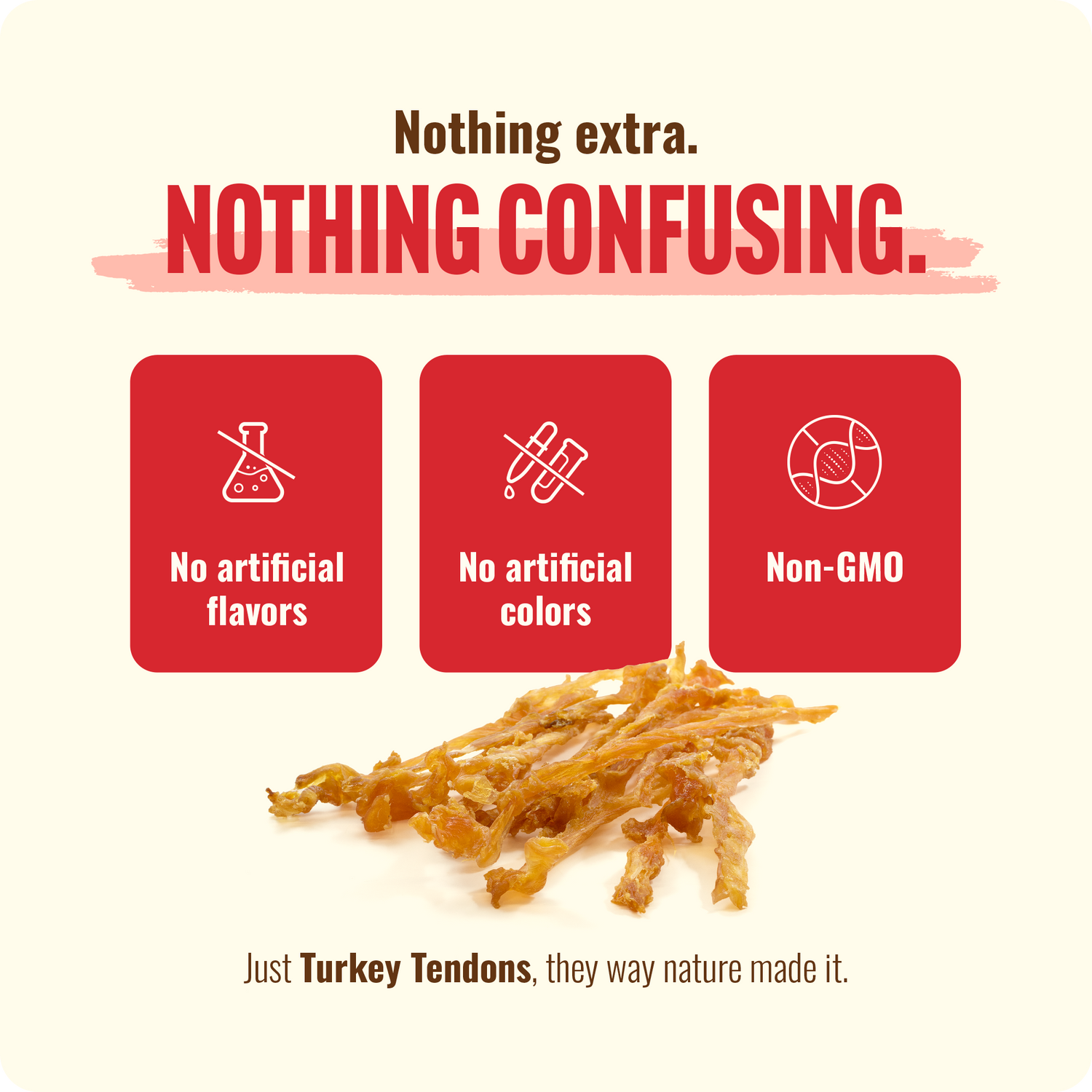 Natural Farm turkey tendon dog treats made with single ingredient turkey tendons, non-GMO dog chews with no artificial flavors or colors