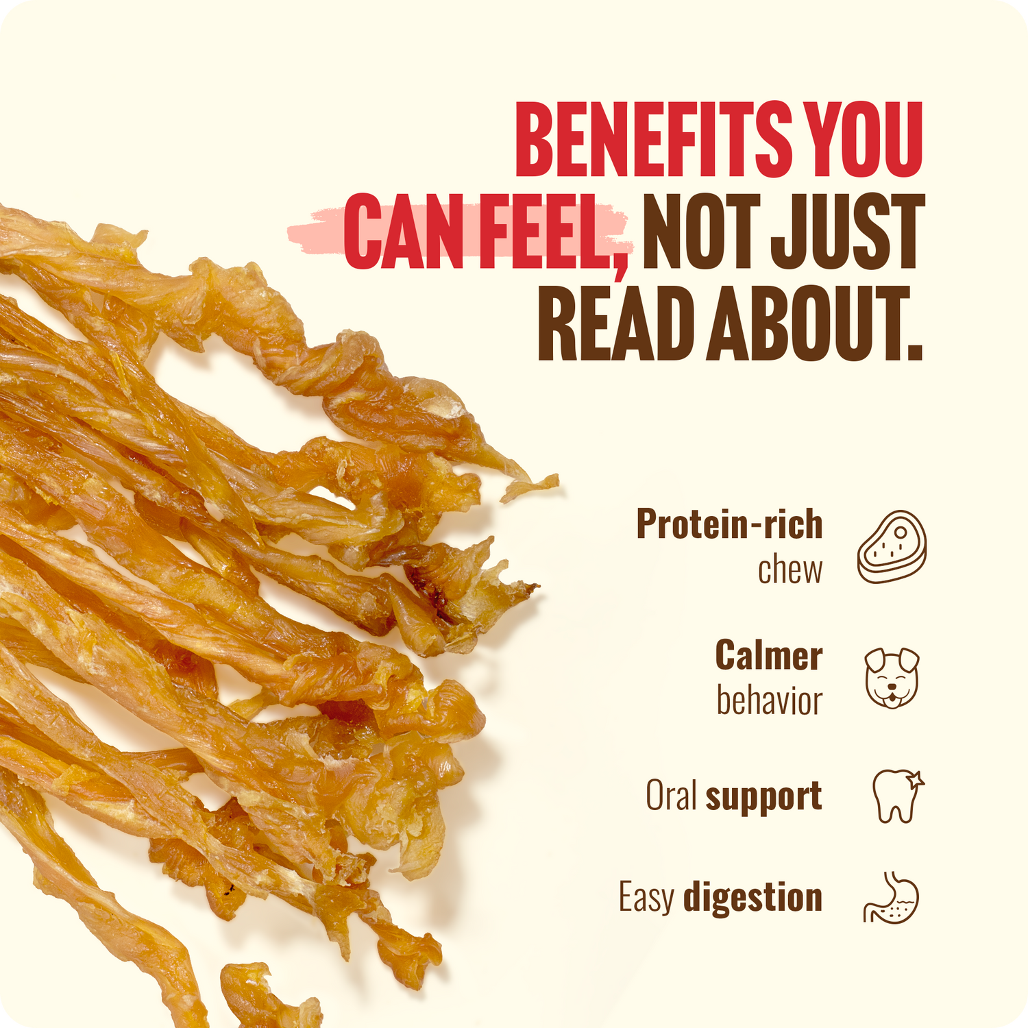 Infographic displaying a pile of Natural Farm USA turkey tendons for dogs, highlighting key benefits like protein-rich chewing, calmer behavior, oral support, and easy digestion.
