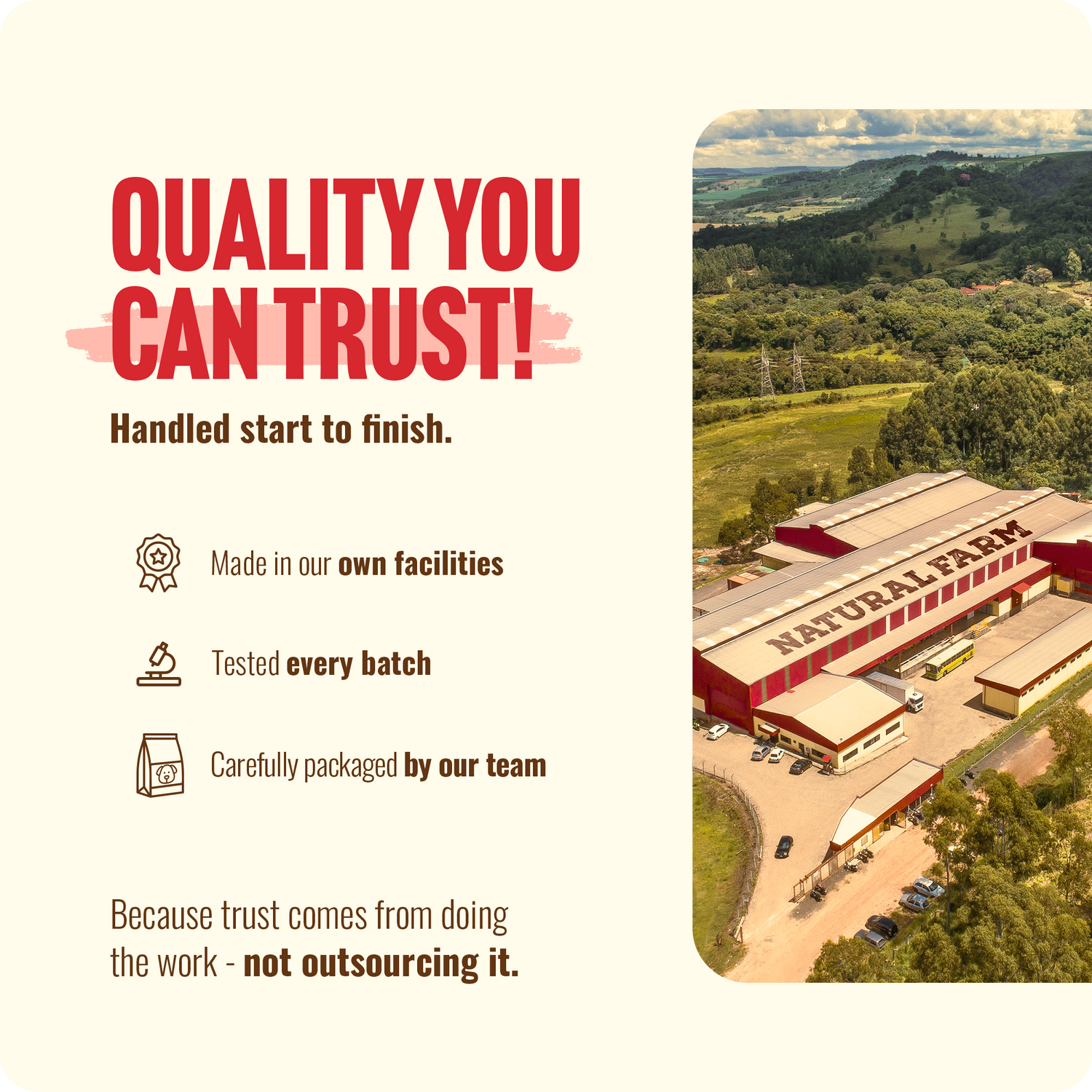 Aerial view of the Natural Farm USA production facility, highlighting their commitment to quality dog treats with in-house manufacturing, batch testing, and zero outsourcing.