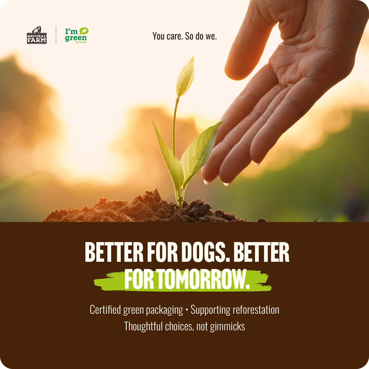 Natural Farm USA sustainability banner featuring the I'm green bio-based logo, emphasizing their certified eco-friendly packaging and active support for reforestation.