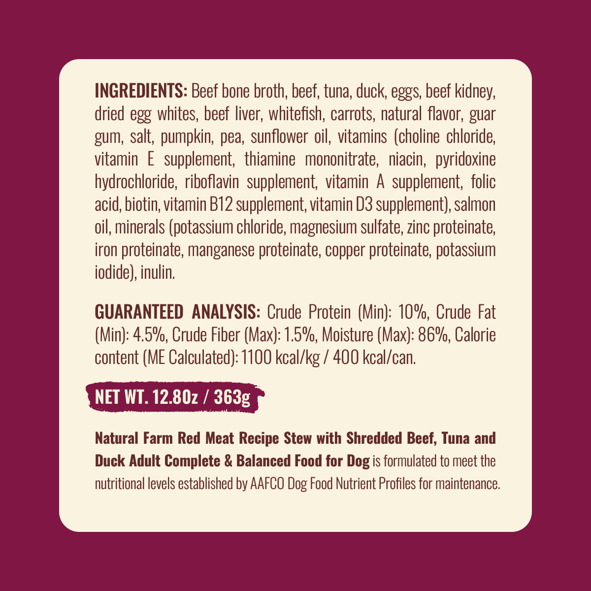Natural Farm Red Meat Recipe - 95% Animal Ingredients Wet Food for Adult Dogs (12 Cans)