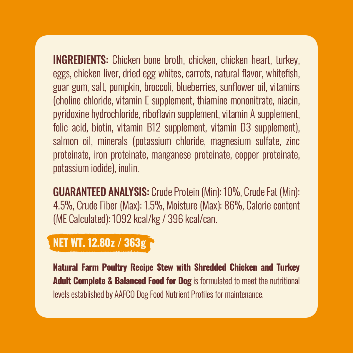 Natural Farm Poultry Recipe - 95% Animal Ingredients Wet Food for Adult Dogs (12 Cans)