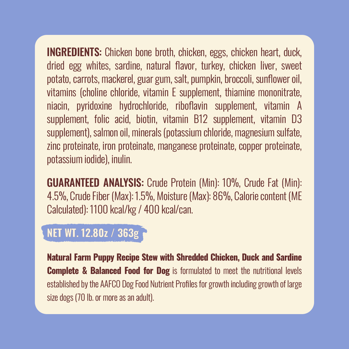 Natural Farm Puppy Recipe - 95% Animal Ingredients Wet Food for Growing Puppies (12 Cans)