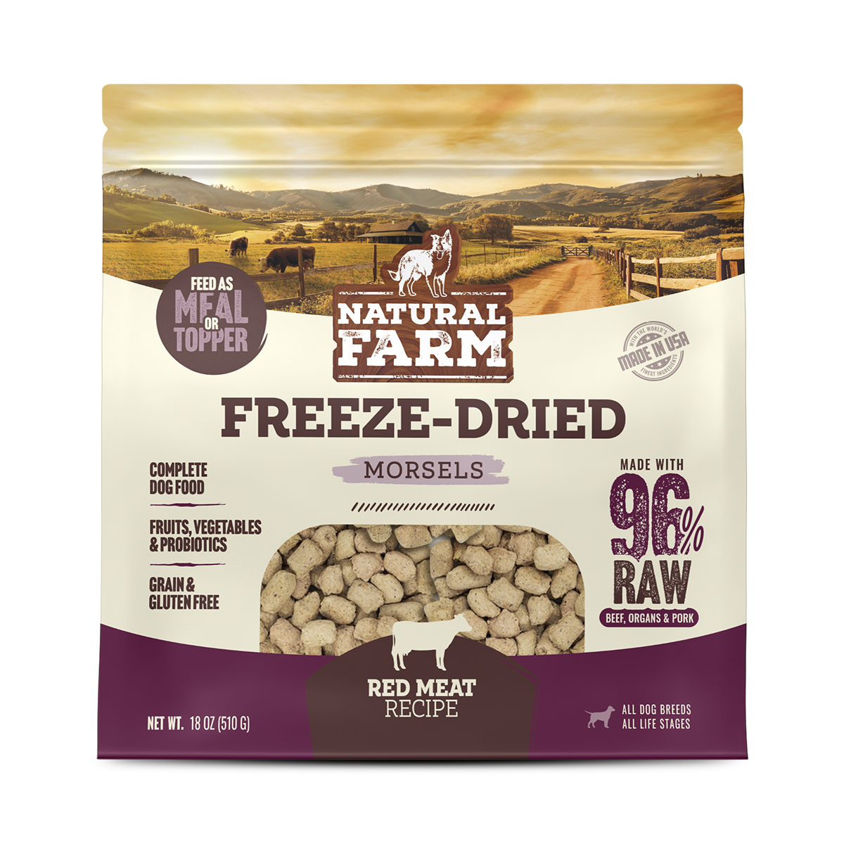 Natural Farm Freeze-Dried Red Meat Morsels - Raw Dog Food Complete Meal or Topper for All Life Stages