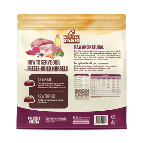 Natural Farm Freeze-Dried Red Meat Morsels - Raw Dog Food Complete Meal or Topper for All Life Stages