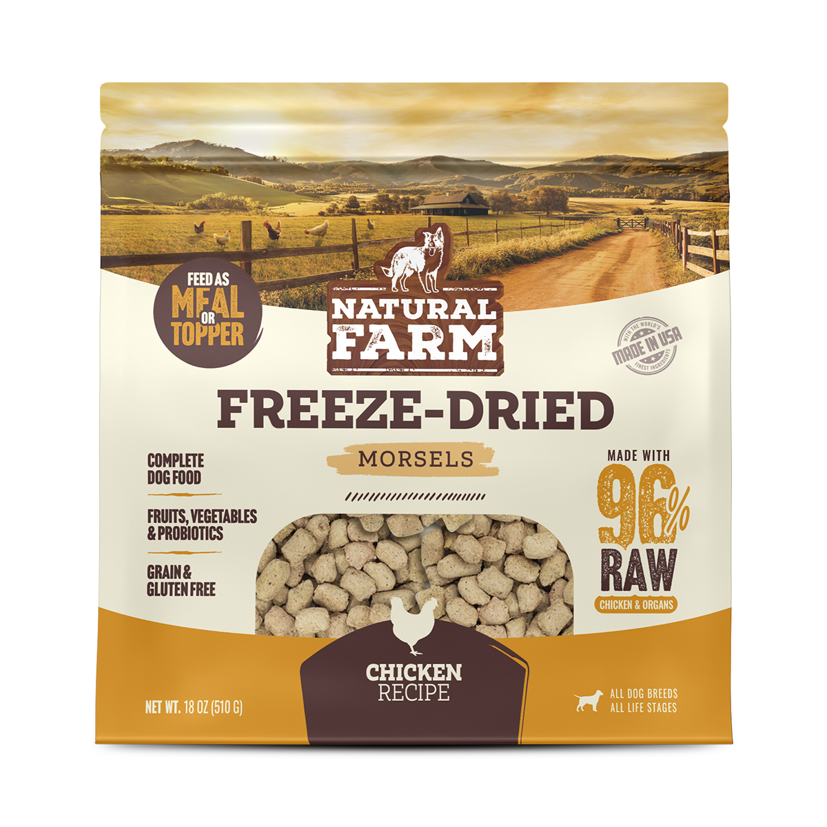 Natural Farm Freeze-Dried Chicken Morsels - Raw Dog Food Complete Meal or Topper for All Life Stages
