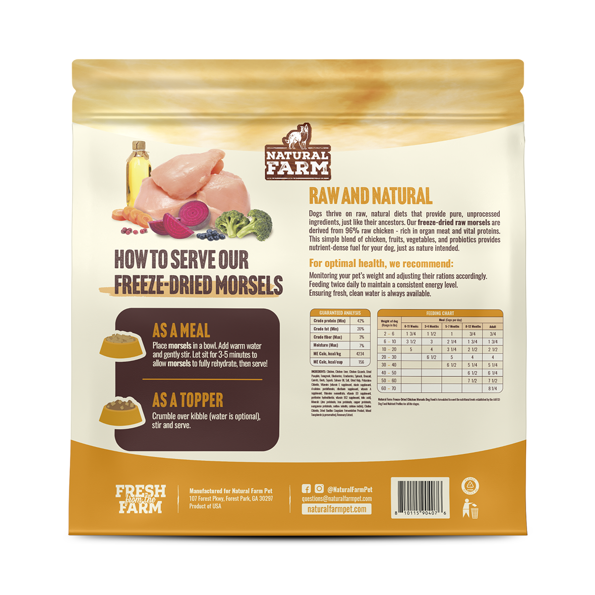 Natural Farm Freeze-Dried Chicken Morsels - Raw Dog Food Complete Meal or Topper for All Life Stages