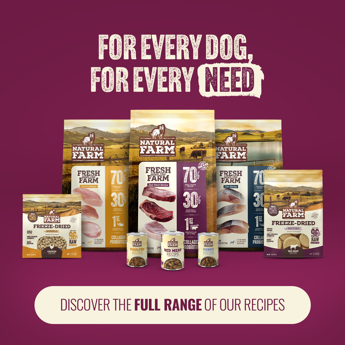 Natural Farm Fresh from the Farm Red Meat Recipe with Collagen - Joint & Coat Support for All Life Stages