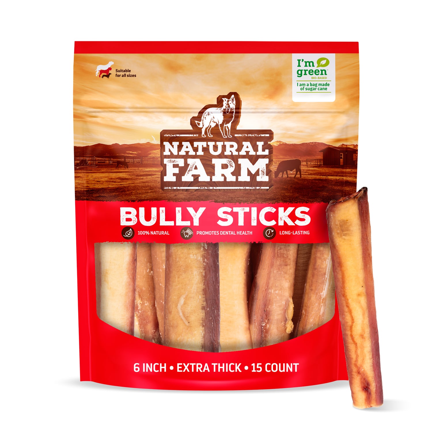 Natural Farm 6-Inch Extra Thick Bully Sticks 15-count bag - 100% natural dog chews