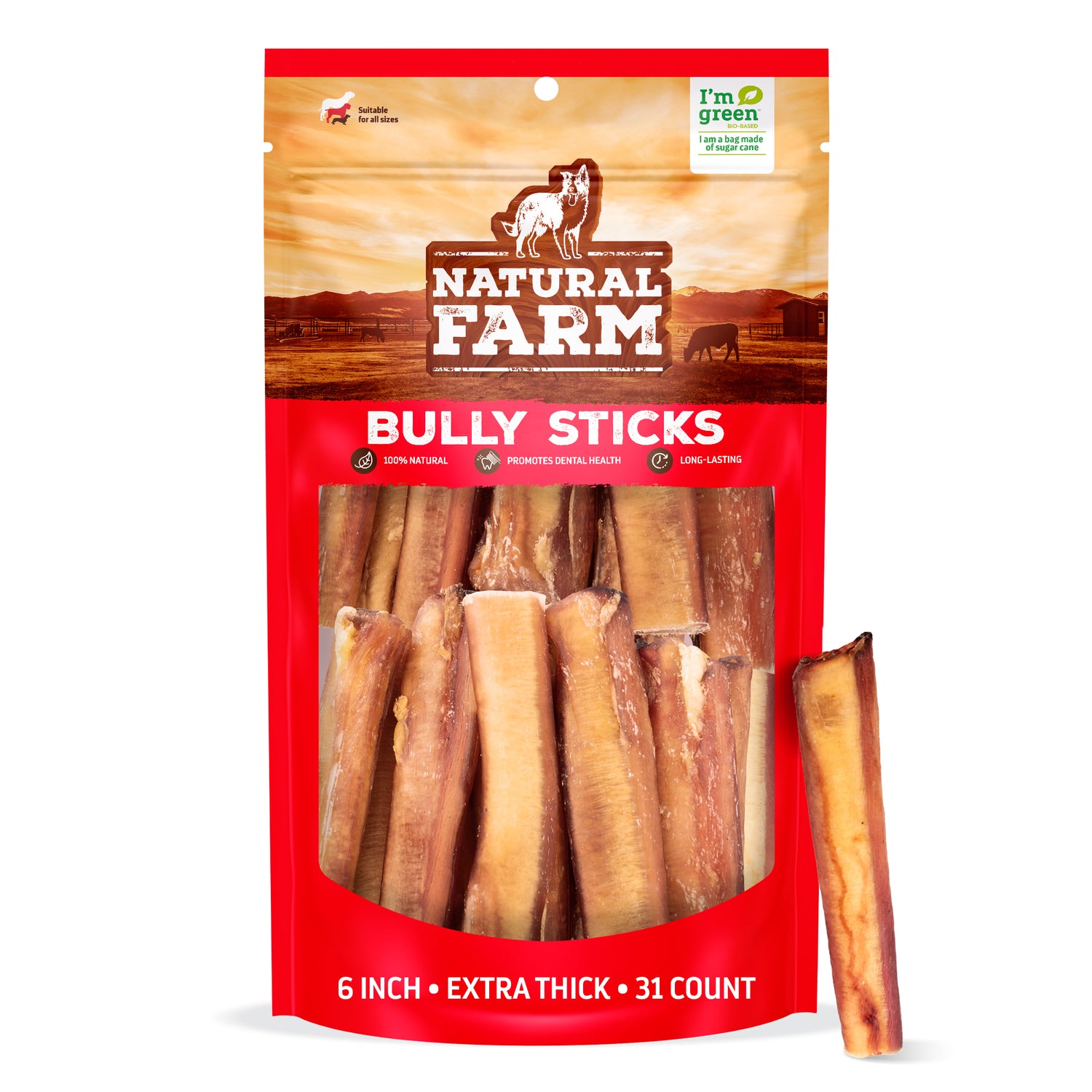 Natural Farm Bully Sticks 6-Inch Extra Thick 31-Count bag - 100% natural long-lasting dog chew
