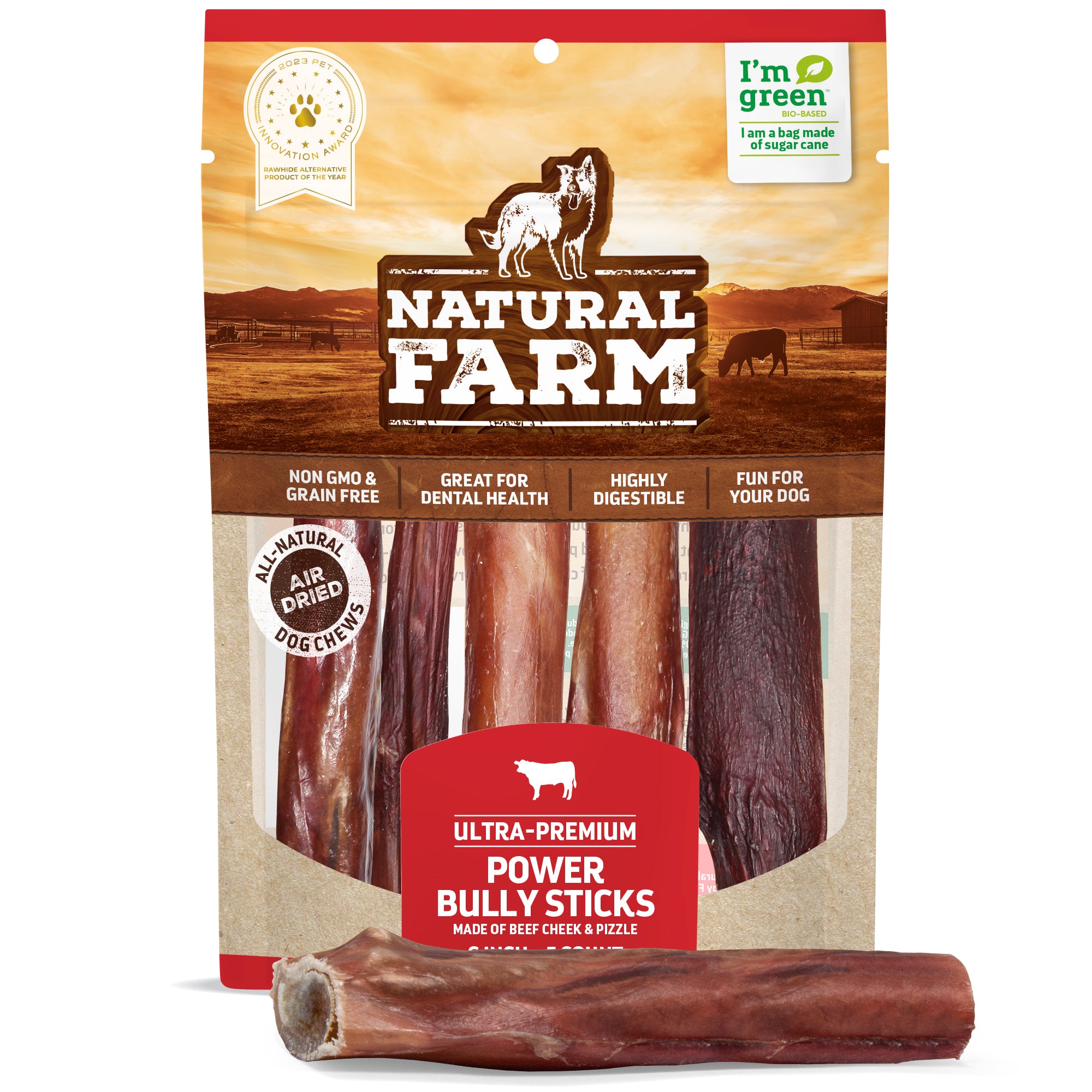 6 inch Power Bully Sticks for Dogs Natural Farm